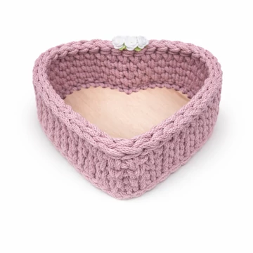 Nagy méretű antik rózsa színű szív alakú horgolt kosár 5 mm-es Splendid zsinórfonalból