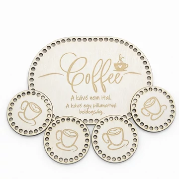 Kávés horgolható szett tálcával és poháralátétekkel gravírozott mintával