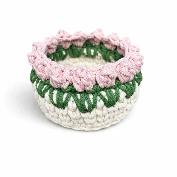 ekrü púder horgolt kosár díszített peremmel 16 cm Splendid zsinórfonal ZIKODesign