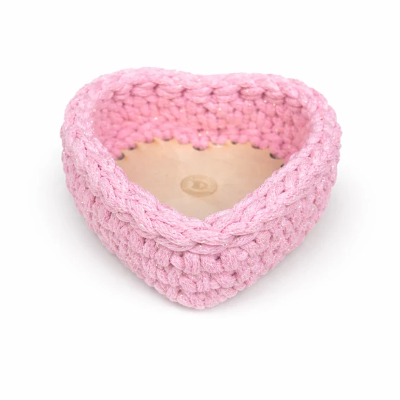 Rózsaszín szív alakú horgolt kosár 5 mm-es Sznur fonalból