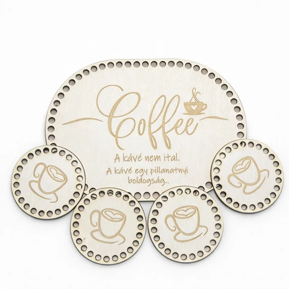 Kávés horgolható szett tálcával és poháralátétekkel gravírozott mintával